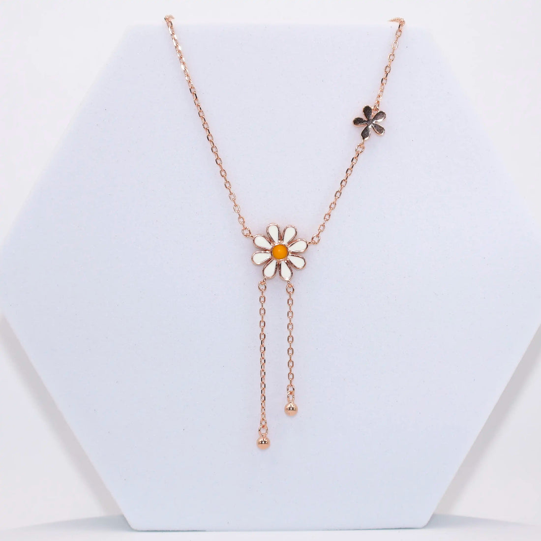 92.50 rose gold flower pendent with two hanging balls chain
